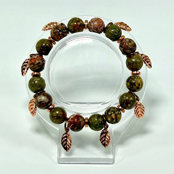 Handmade Fall Leaf Charm Bracelet Featuring Natural Unakite Gemstones! - Picture 3 of 5